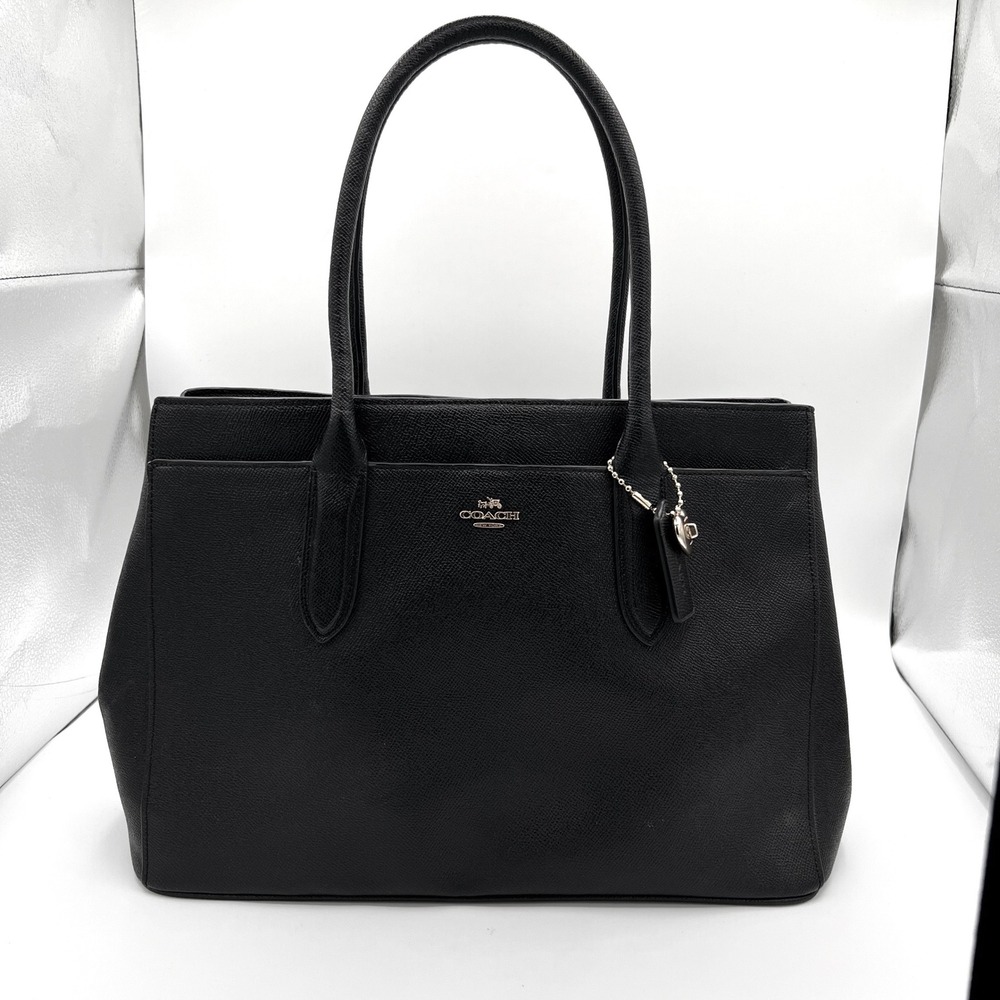 Coach Pebbled Leather Tote Bag Top Handle Black Gold Heart Charm Black Lining‎